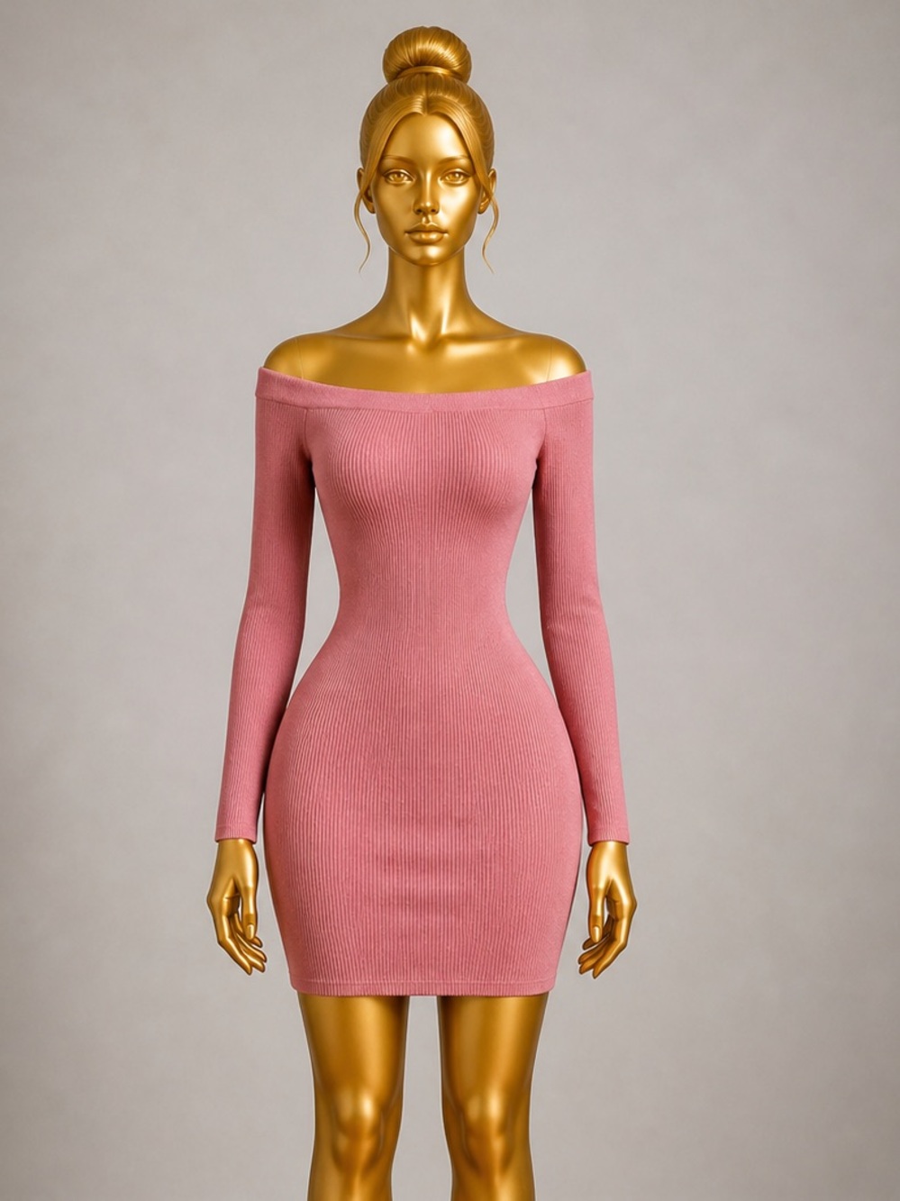 SHEIN Rose Pink Ribbed Long-Sleeve Bodycon Dress